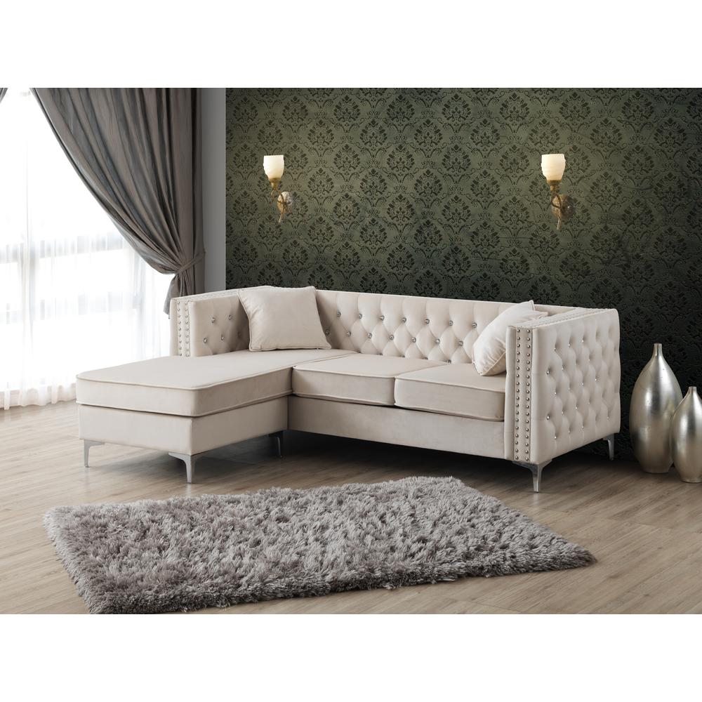 Paige 87 in. Ivory Tufted Velvet Sectional with 2-Throw Pillows. Picture 5