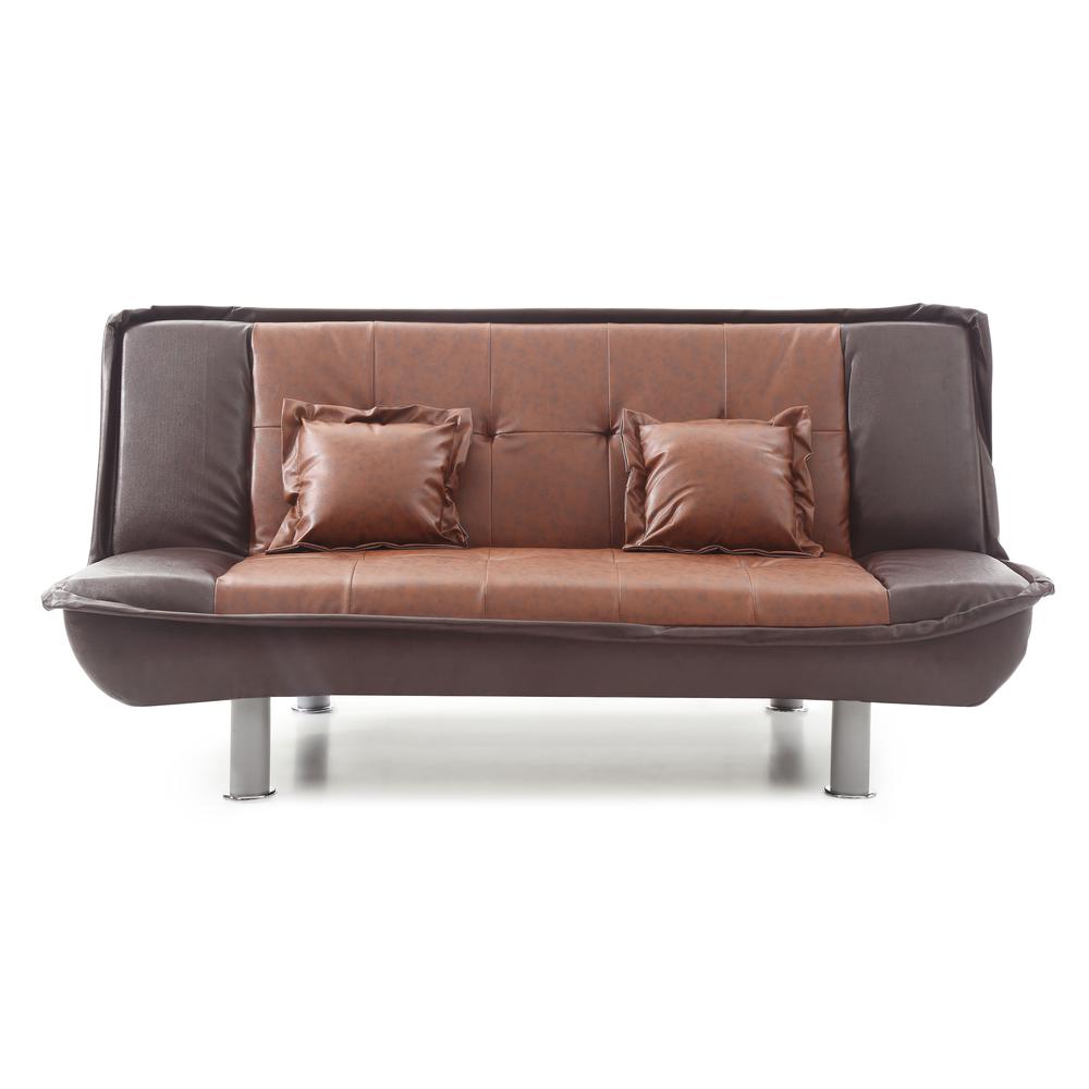 Lionel 74 in. W Armless Faux Leather Straight Sofa in Burgundy and Brown. Picture 1
