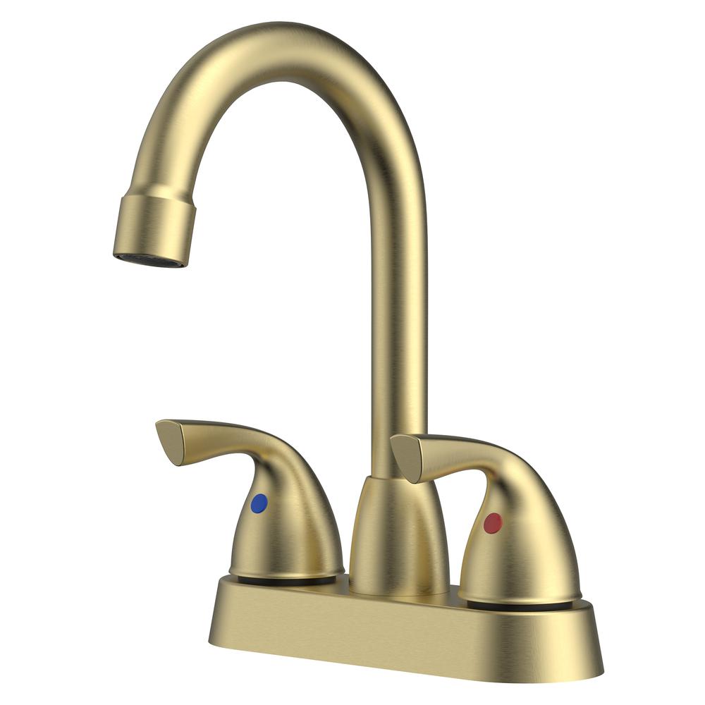 Bianca 4 in. Surface Mounted 2 Handles Bathroom Faucet with Drain Kit Included in Brushed Gold. Picture 4