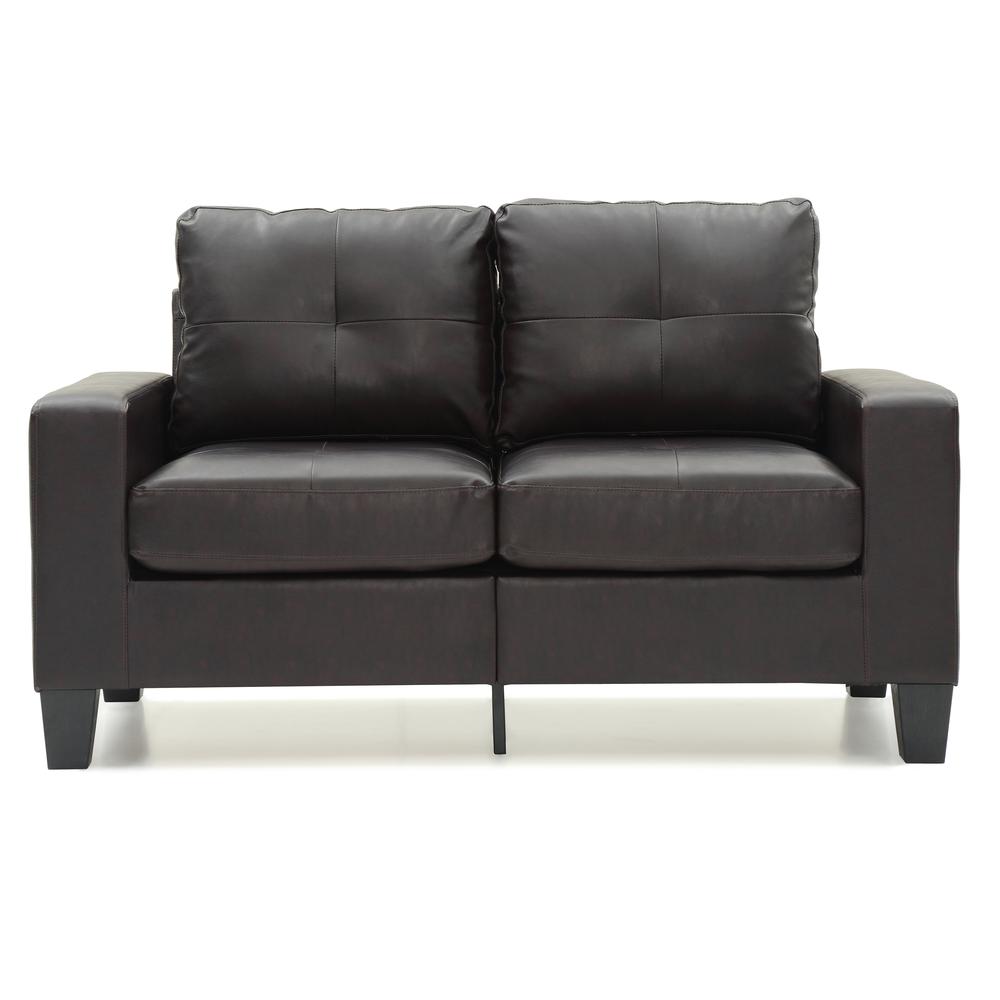 Newbury 58 in. W Flared Arm Faux Leather Straight Sofa in Dark Brown. Picture 1