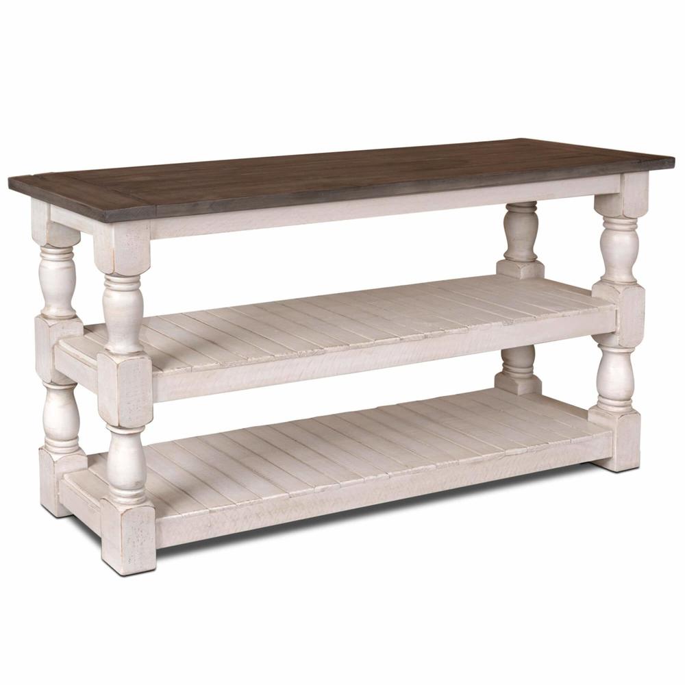 Rustic French 60 in. Distressed White and Brown Rectangular Solid Wood Console Table. Picture 2