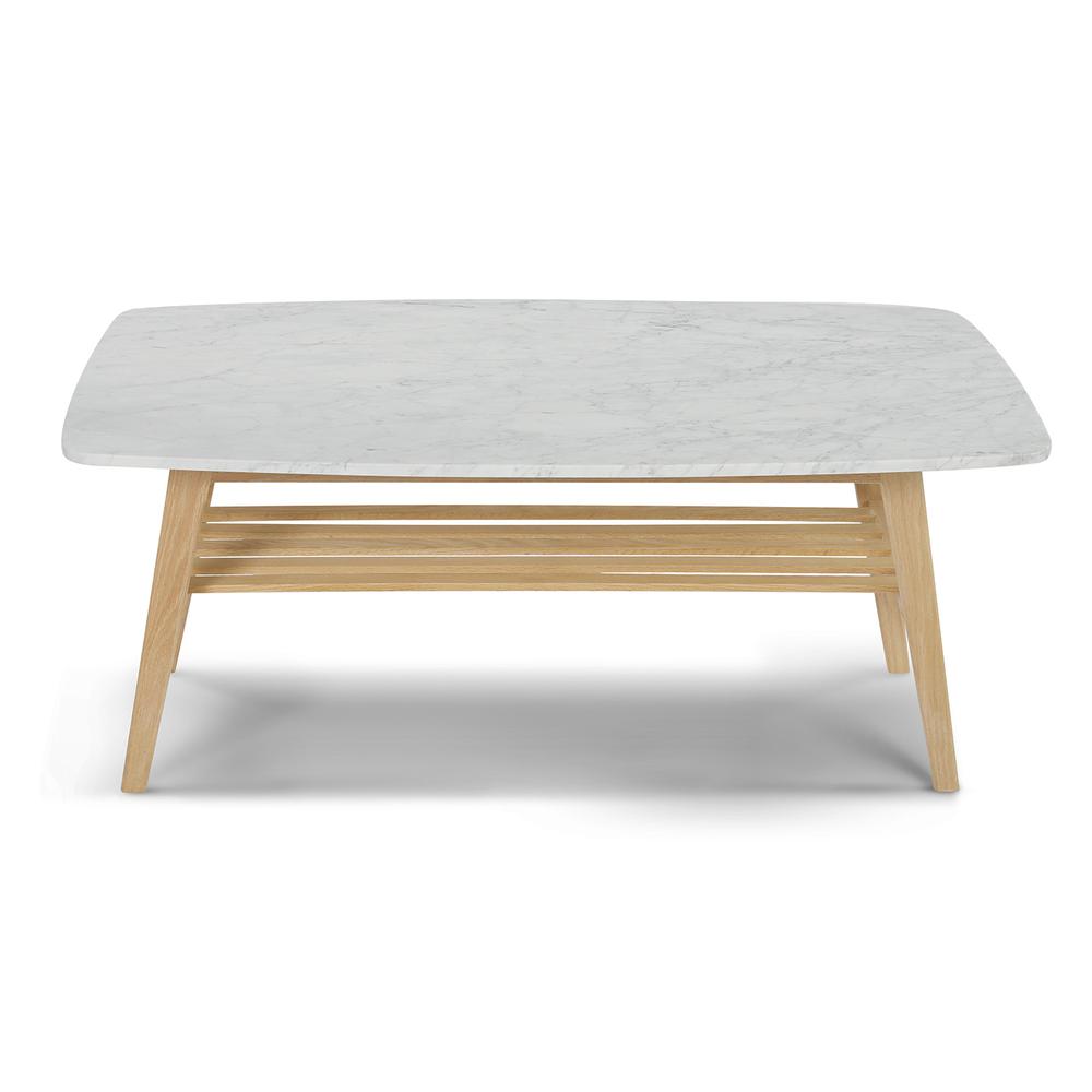 Laura 43" Rectangular Italian Carrara White Marble Coffee Table with Oak Shelf. Picture 1