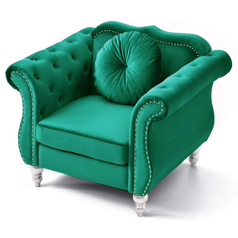 Hollywood Green Chesterfield Tufted Velvet Accent Chair with Round Throw Pillow. Picture 3