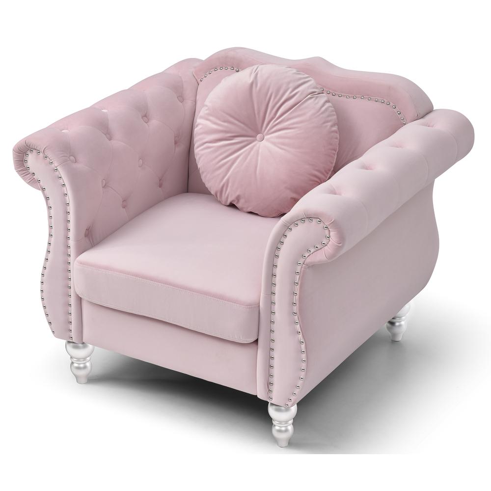 Hollywood Pink Chesterfield Tufted Velvet Accent Chair with Round Throw Pillow. Picture 3