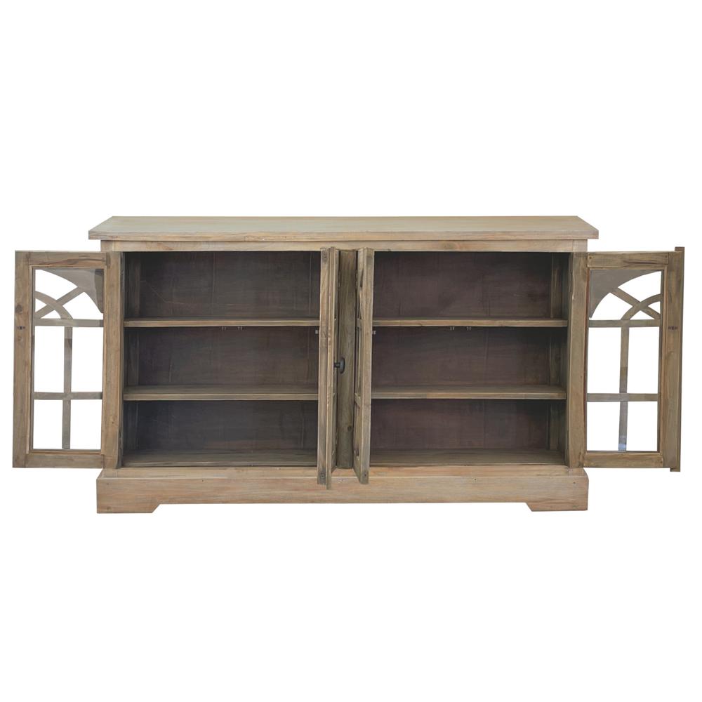 Shabby Chic Cottage 63 in. Wide Driftwood Brown Solid Wood Buffet with Arched Glass Door. Picture 3