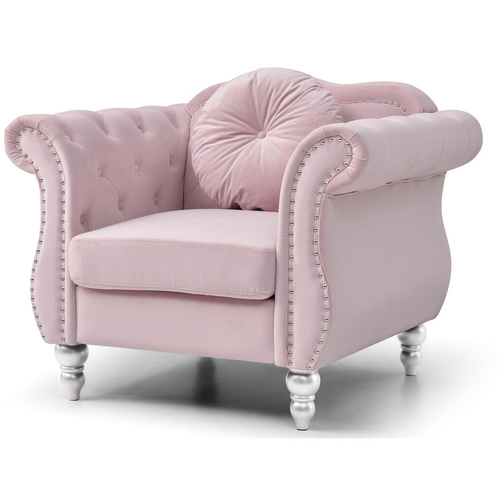 Hollywood Pink Chesterfield Tufted Velvet Accent Chair with Round Throw Pillow. Picture 2