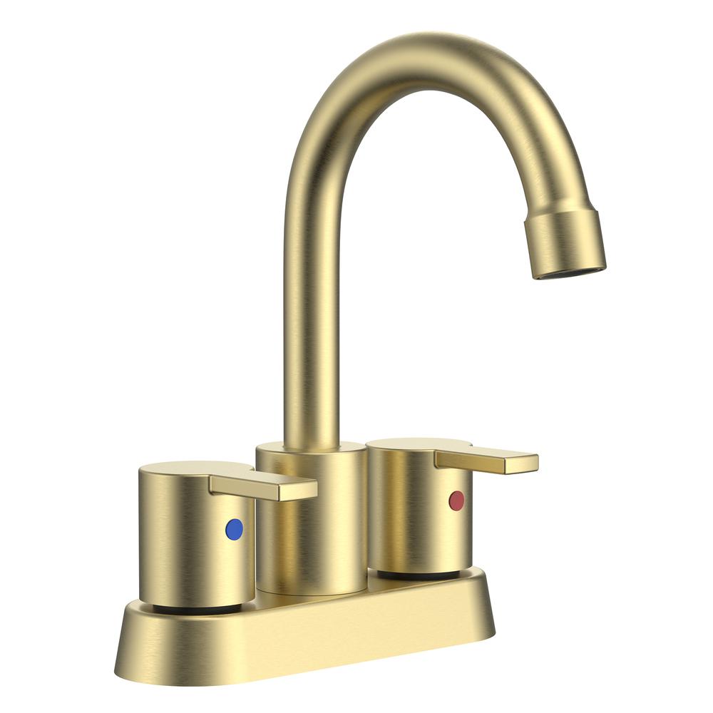 Alamo 4 in. Surface Mounted 2 Handles Bathroom Faucet with Drain Kit Included in Brushed Gold. Picture 3