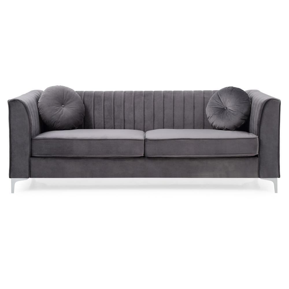 Delray 87 in. Gray Velvet 2-Seater Sofa with 2-Throw Pillow. Picture 2
