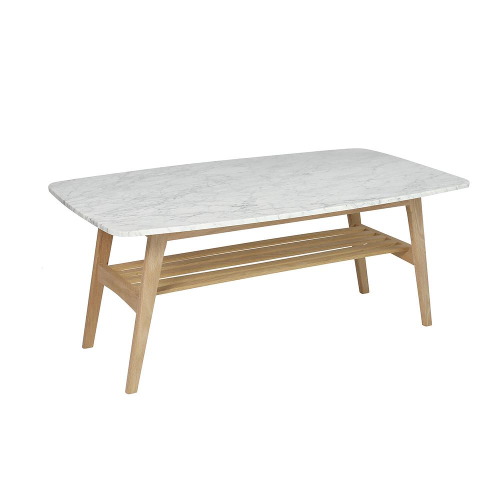 Laura 43" Rectangular Italian Carrara White Marble Coffee Table with Oak Shelf. Picture 2