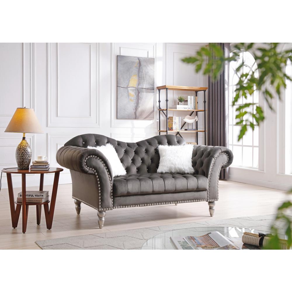 Wilshire 75 in. Dark Gray Velvet 3-Seater Sofa with 2-Throw Pillow. Picture 5