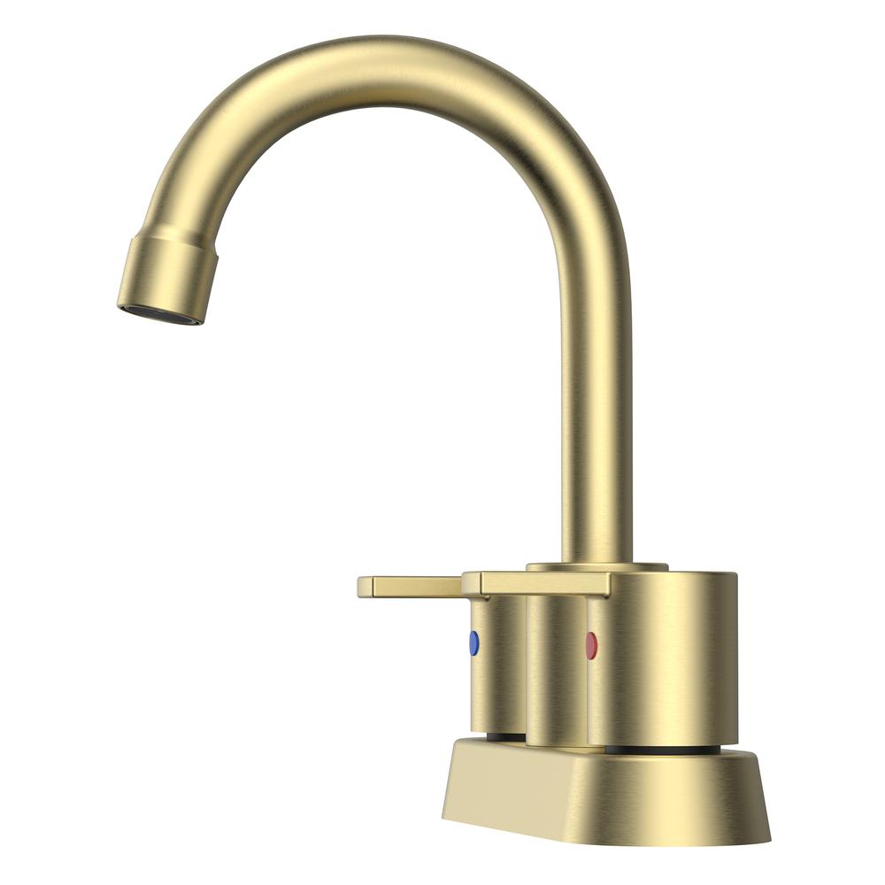 Alamo 4 in. Surface Mounted 2 Handles Bathroom Faucet with Drain Kit Included in Brushed Gold. Picture 4