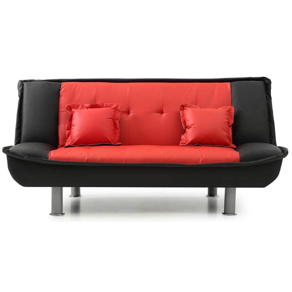 Lionel 74 in. W Armless Faux Leather Straight Sofa in Black and Red. Picture 1