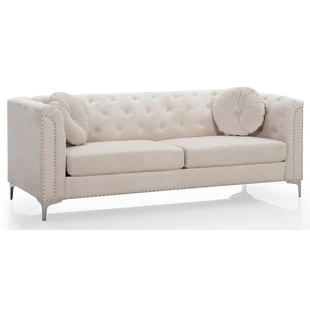 Pompano 83 in. Ivory Tufted Velvet Loveseat with 2-Throw Pillow. Picture 2