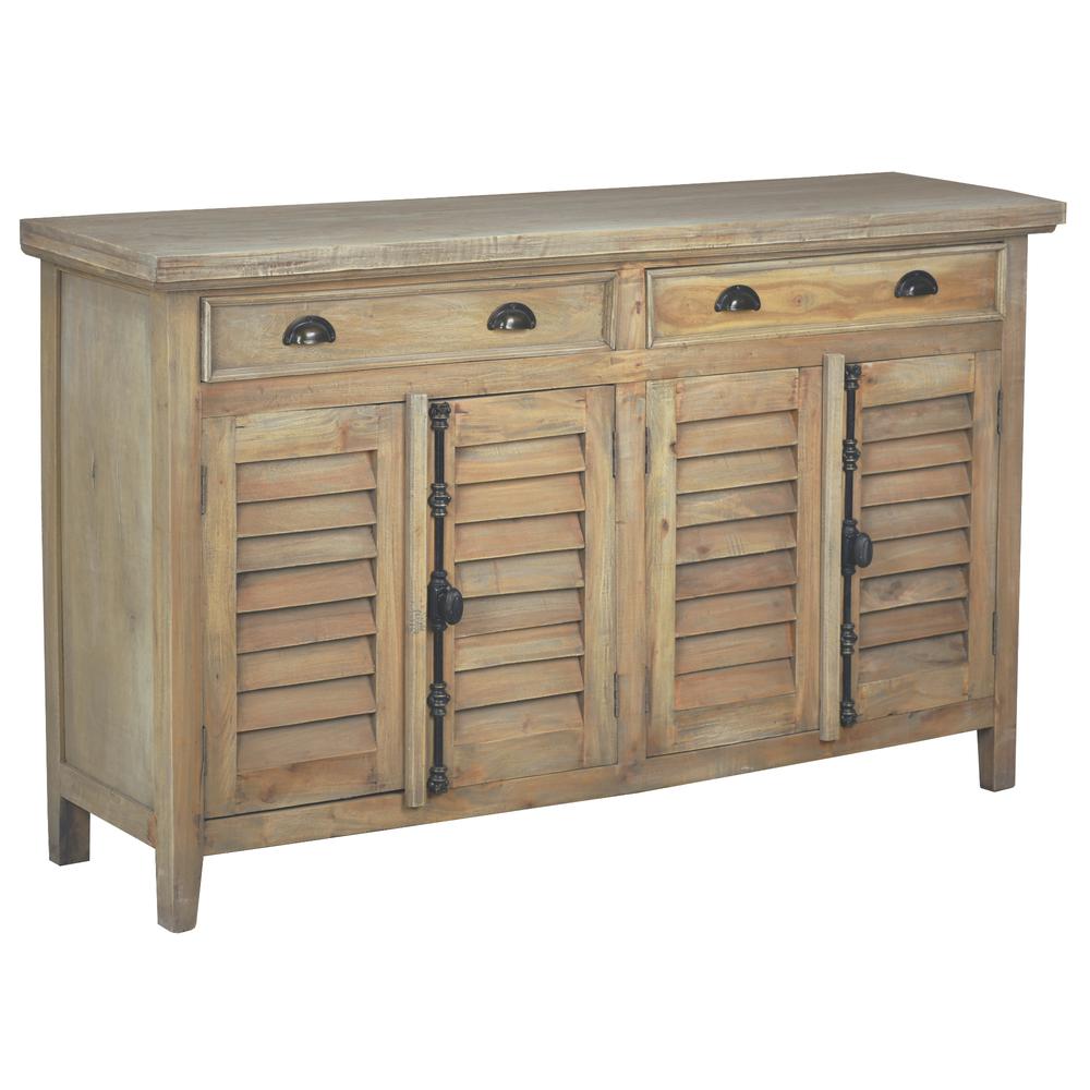 Shabby Chic Cottage 58 In. Wide Driftwood Brown Solid Wood Buffet with Shutter Door and Drawers. Picture 2