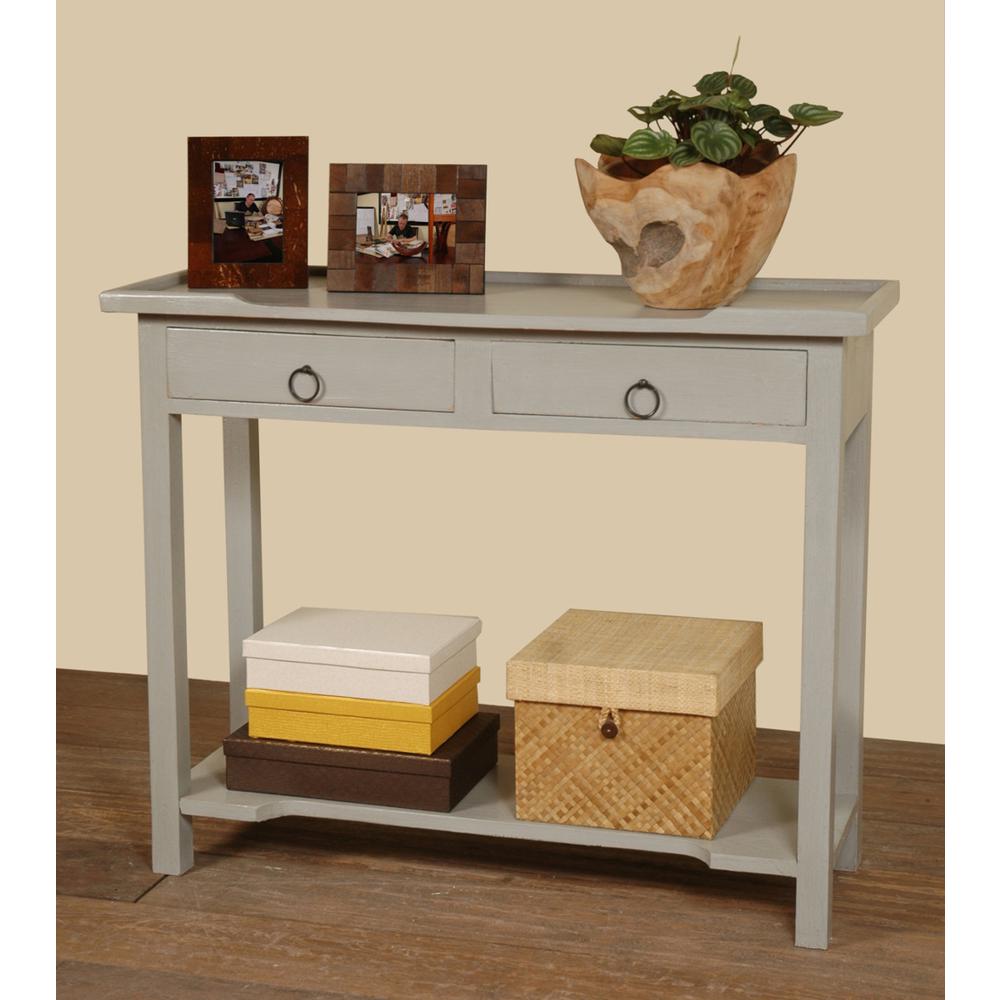 Shabby Chic Cottage 36.3 in. Distressed Gray Rectangle Solid Wood Console Table with 2 Drawers. Picture 4