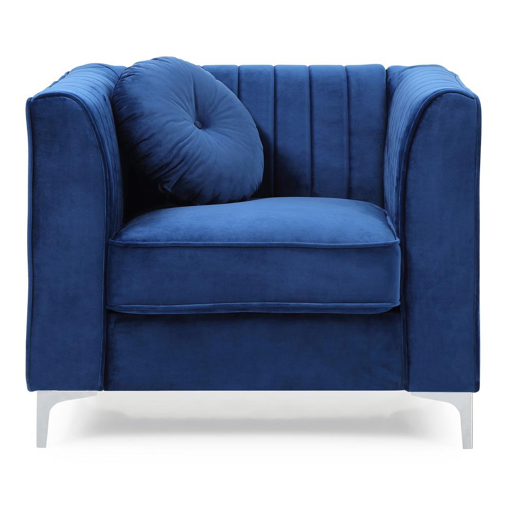 Delray Navy Blue Vertical Channel Quilted Accent Chair with Round Throw Pillow. Picture 1