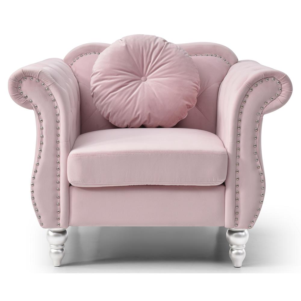 Hollywood Pink Chesterfield Tufted Velvet Accent Chair with Round Throw Pillow. Picture 1