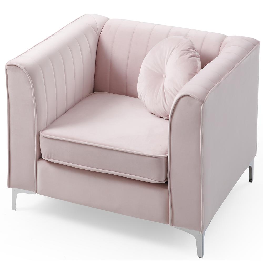 Delray Pink Vertical Channel Quilted Accent Chair with Round Throw Pillow. Picture 3