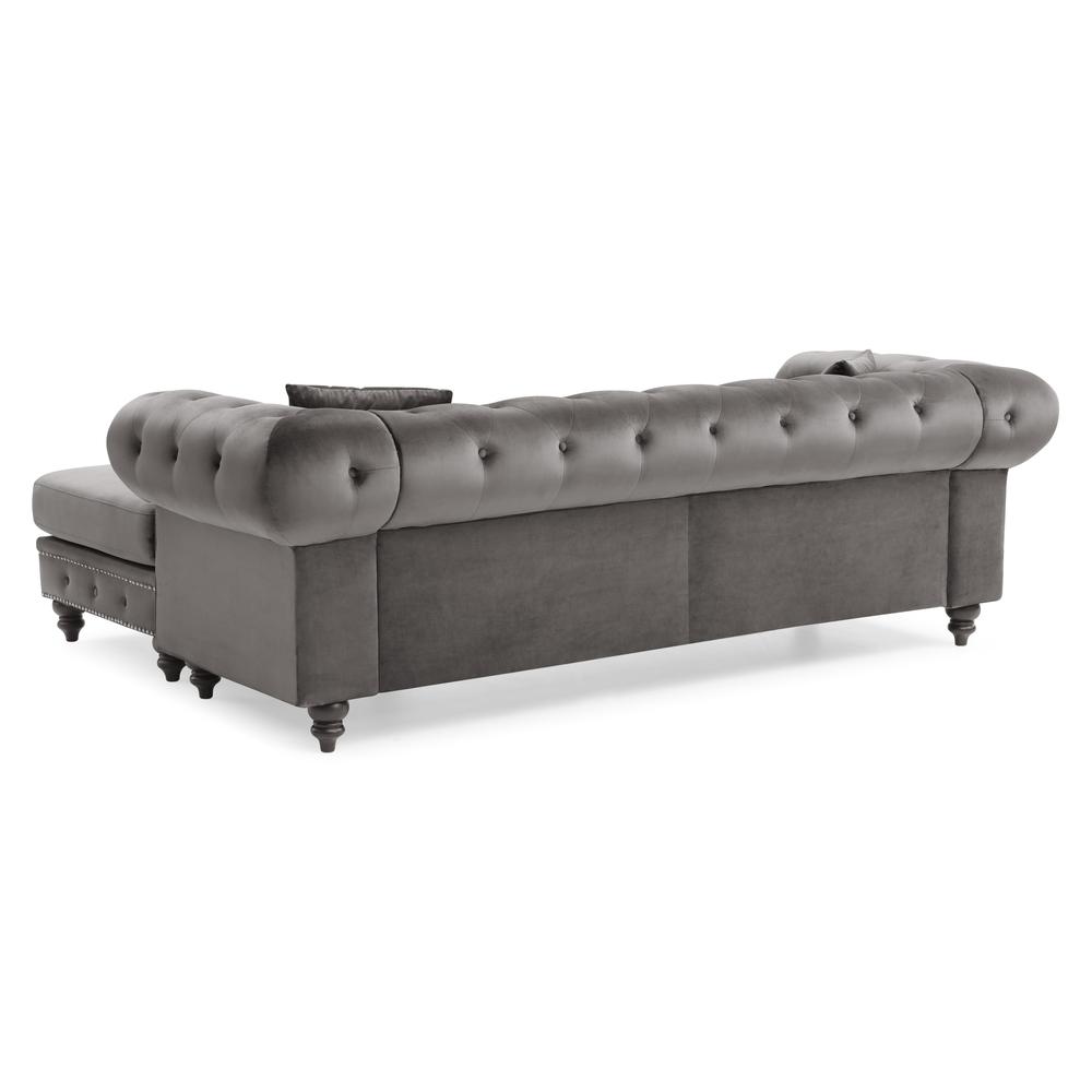Nola 98 in. Dark Gray Velvet L-Shape 3-Seater Sofa with 2-Throw Pillow. Picture 4