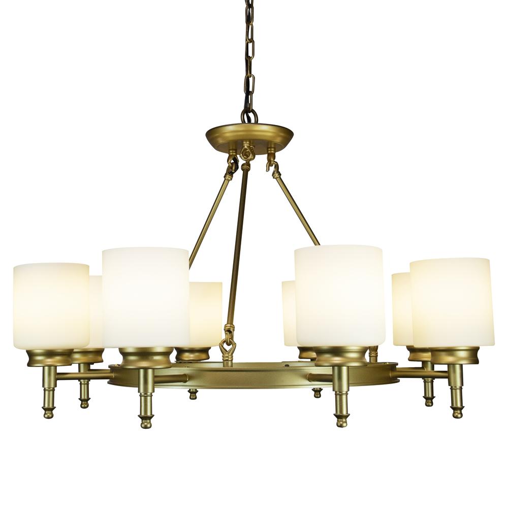 Gold Wagon Wheel Light Fixture with Semi White Glass Shades, 8 Bulb, Elegant. Picture 6