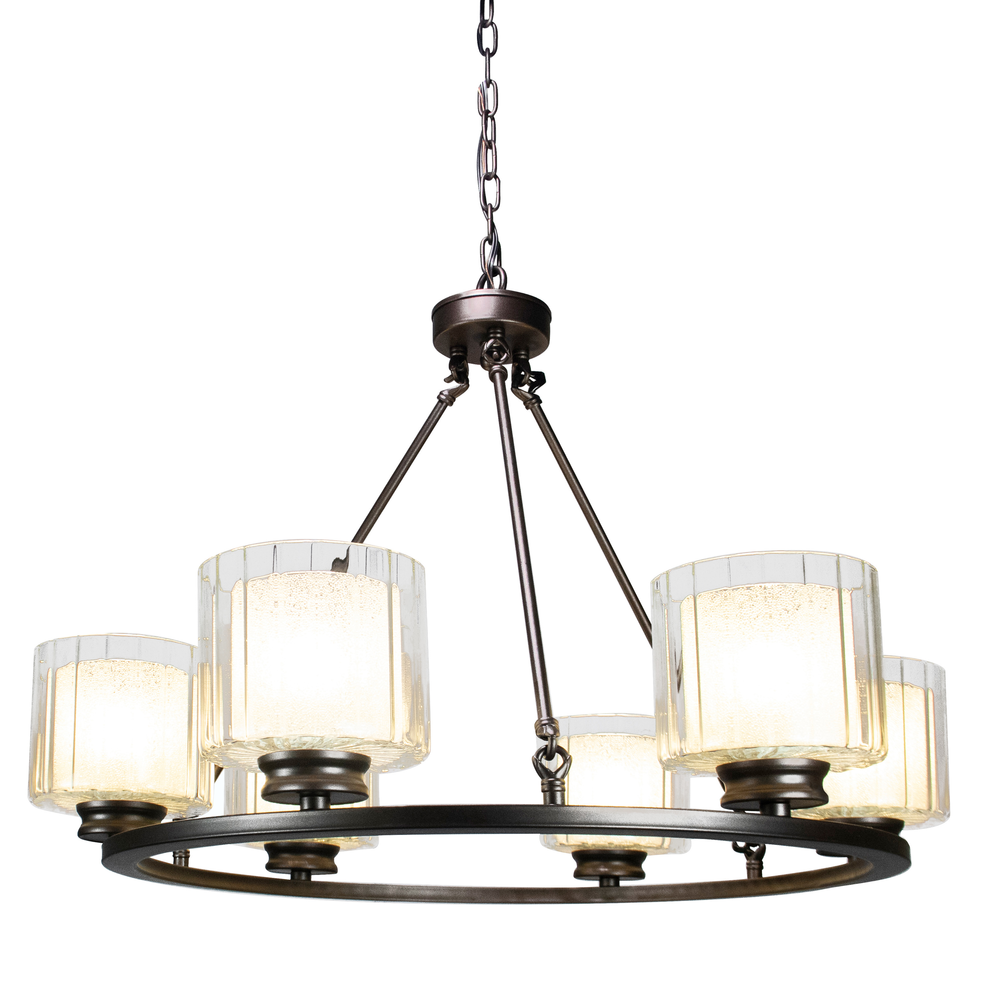 Fremont 6 Bulb Wagon Wheel Light Fixture with Glass Shades, Elegant Overhead Lighting. Picture 6