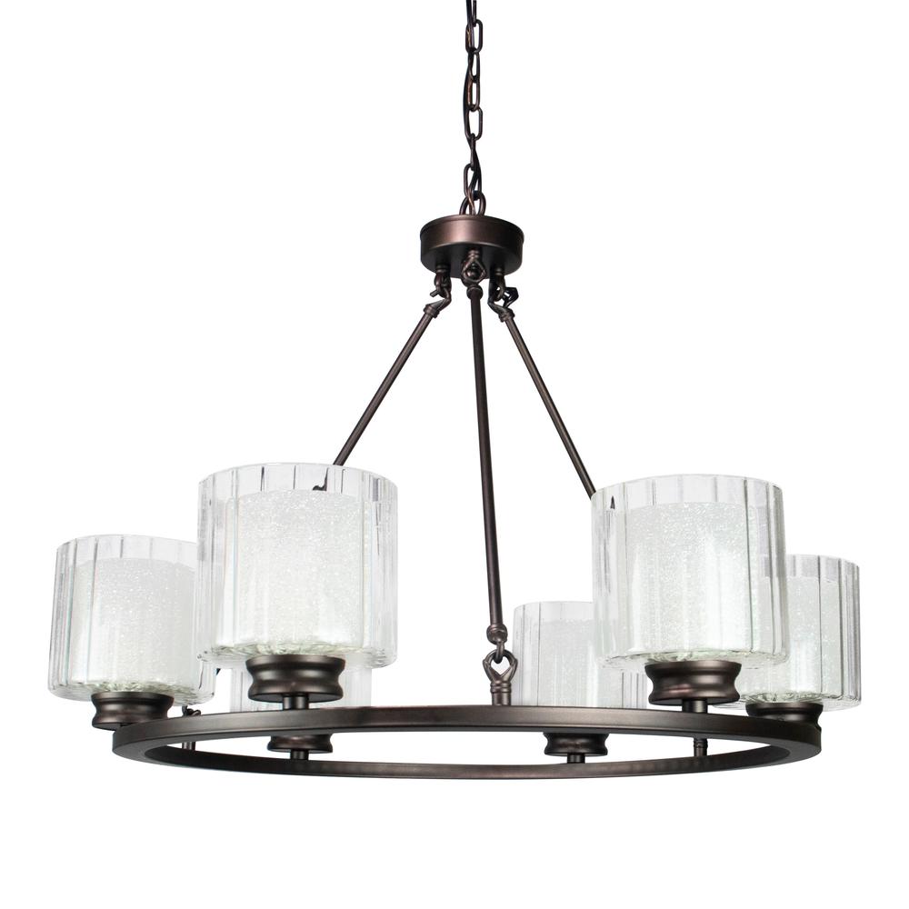 Fremont 6 Bulb Wagon Wheel Light Fixture with Glass Shades, Elegant Overhead Lighting. Picture 5