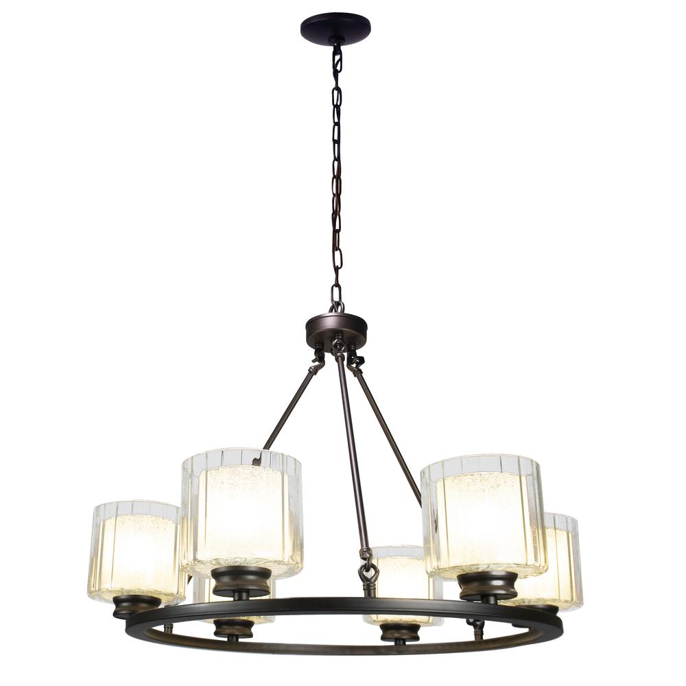 Fremont 6 Bulb Wagon Wheel Light Fixture with Glass Shades, Elegant Overhead Lighting. Picture 4