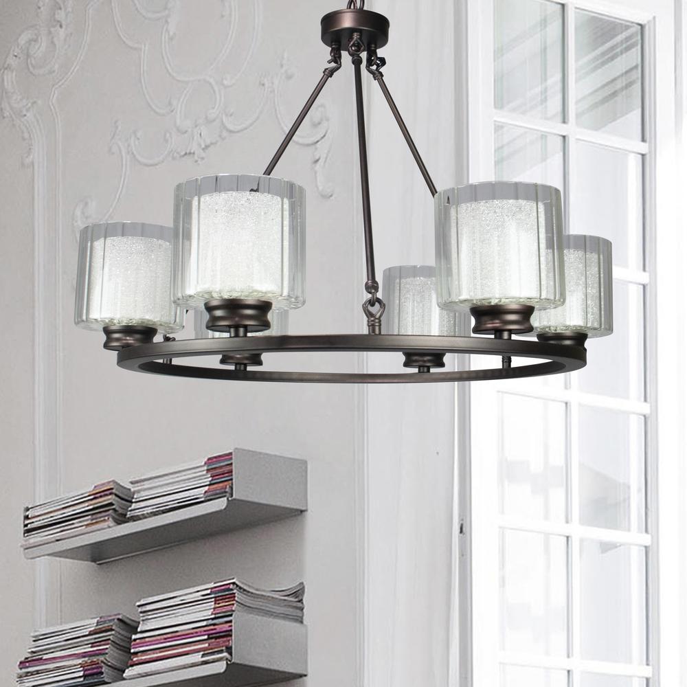 Fremont 6 Bulb Wagon Wheel Light Fixture with Glass Shades, Elegant Overhead Lighting. Picture 2