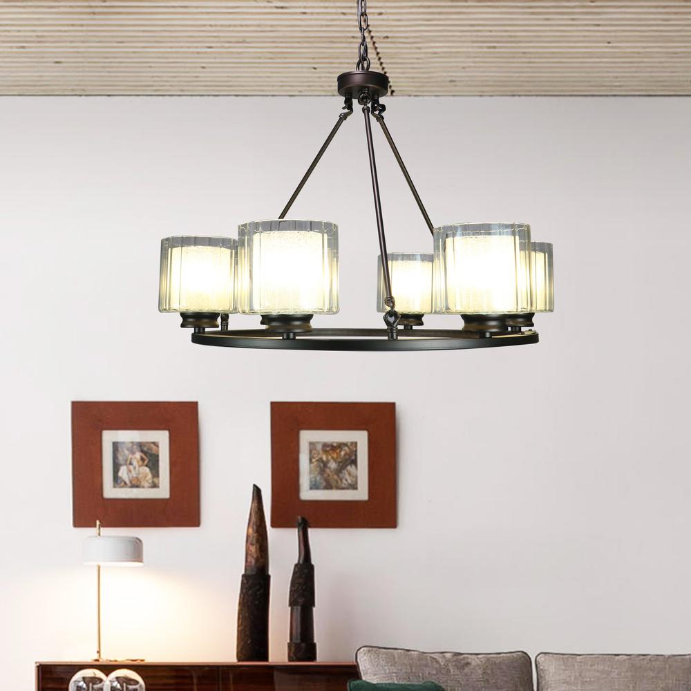 Fremont 6 Bulb Wagon Wheel Light Fixture with Glass Shades, Elegant Overhead Lighting. Picture 3