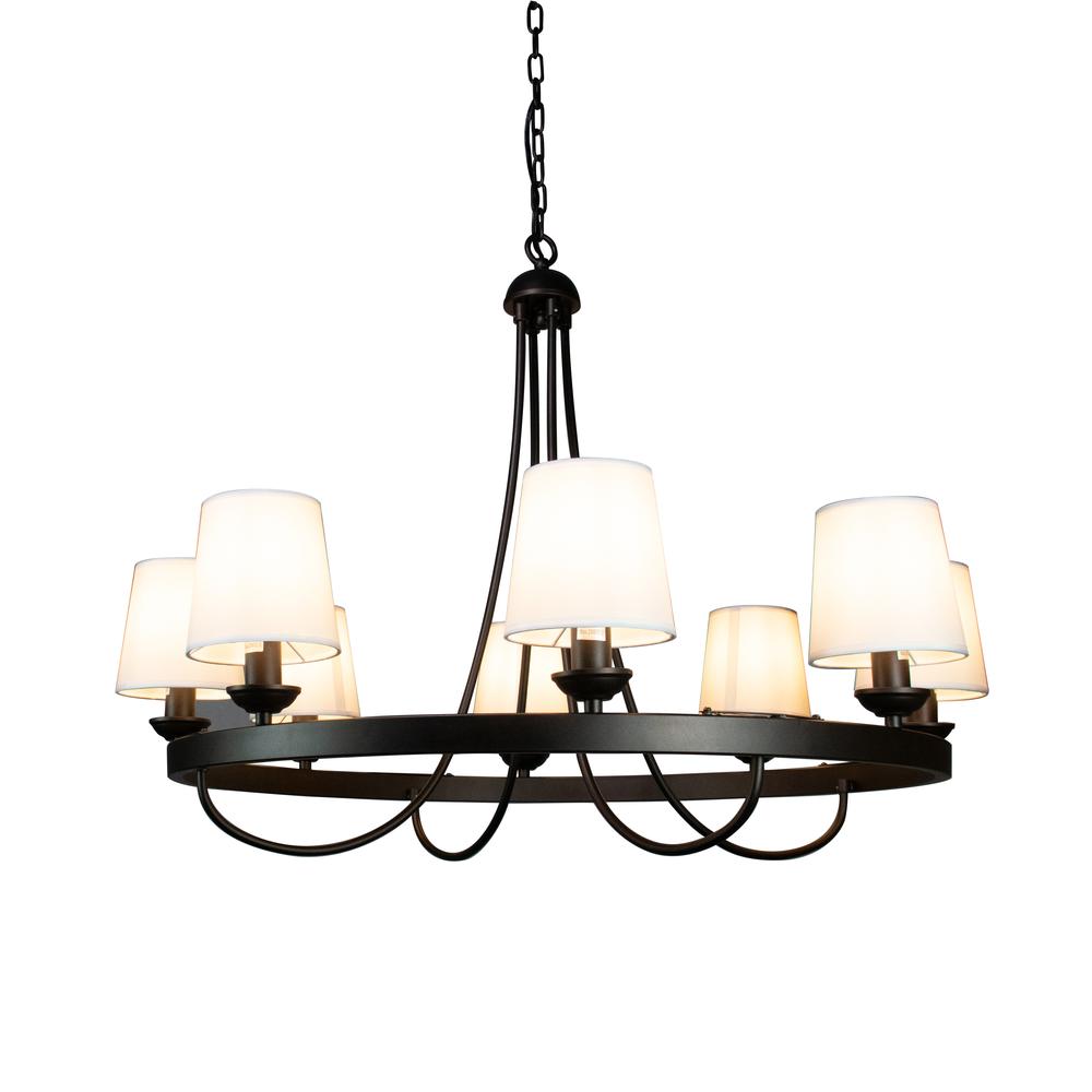 Wagon Wheel Light Fixture with 8 Bulb and White Fabric Shades, Overhead Lighting with Black Frame. Picture 6