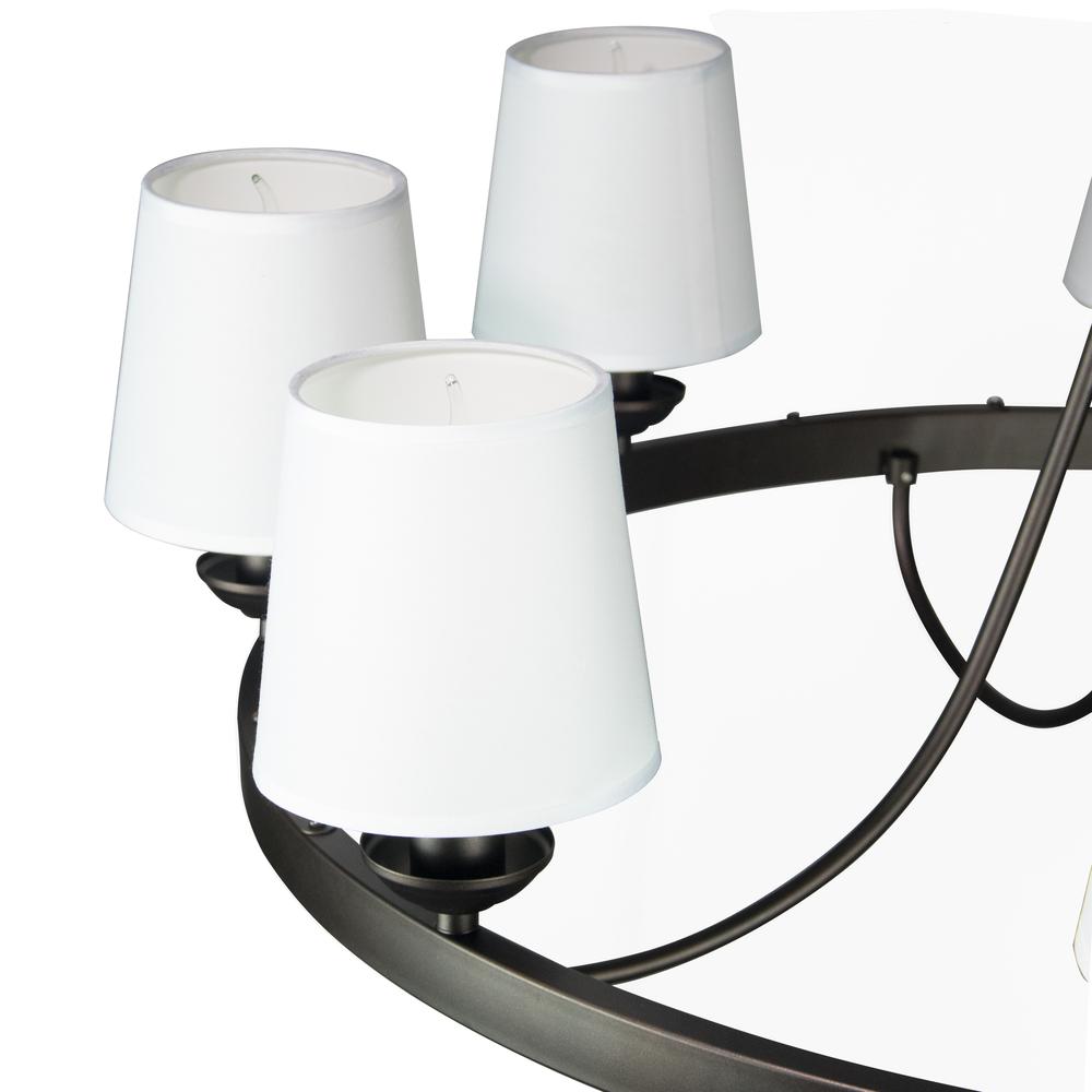 Wagon Wheel Light Fixture with 8 Bulb and White Fabric Shades, Overhead Lighting with Black Frame. Picture 7