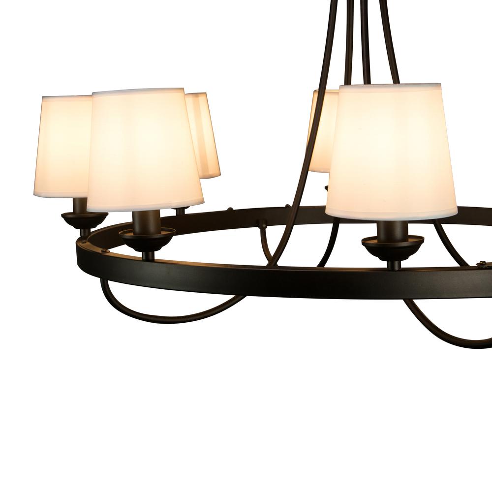 Wagon Wheel Light Fixture with 8 Bulb and White Fabric Shades, Overhead Lighting with Black Frame. Picture 8