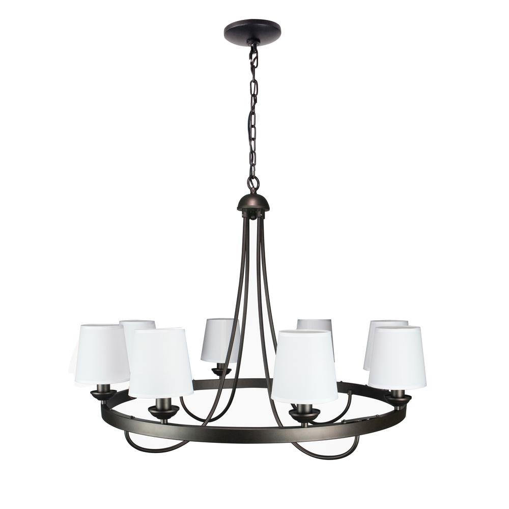 Wagon Wheel Light Fixture with 8 Bulb and White Fabric Shades, Overhead Lighting with Black Frame. Picture 1