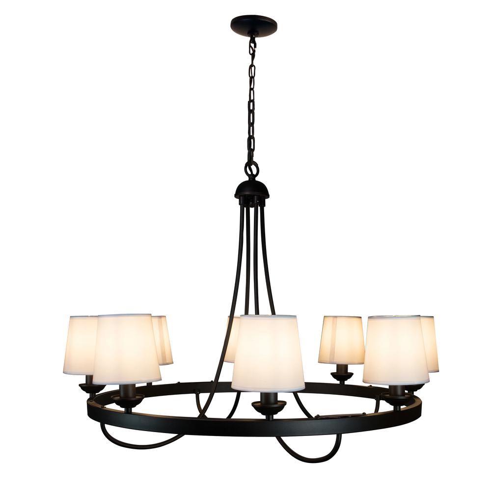 Wagon Wheel Light Fixture with 8 Bulb and White Fabric Shades, Overhead Lighting with Black Frame. Picture 4
