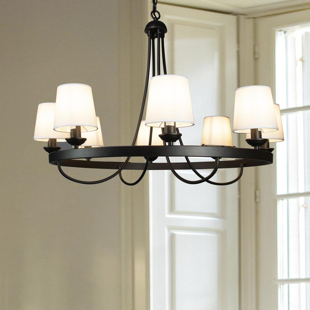 Wagon Wheel Light Fixture with 8 Bulb and White Fabric Shades, Overhead Lighting with Black Frame. Picture 2
