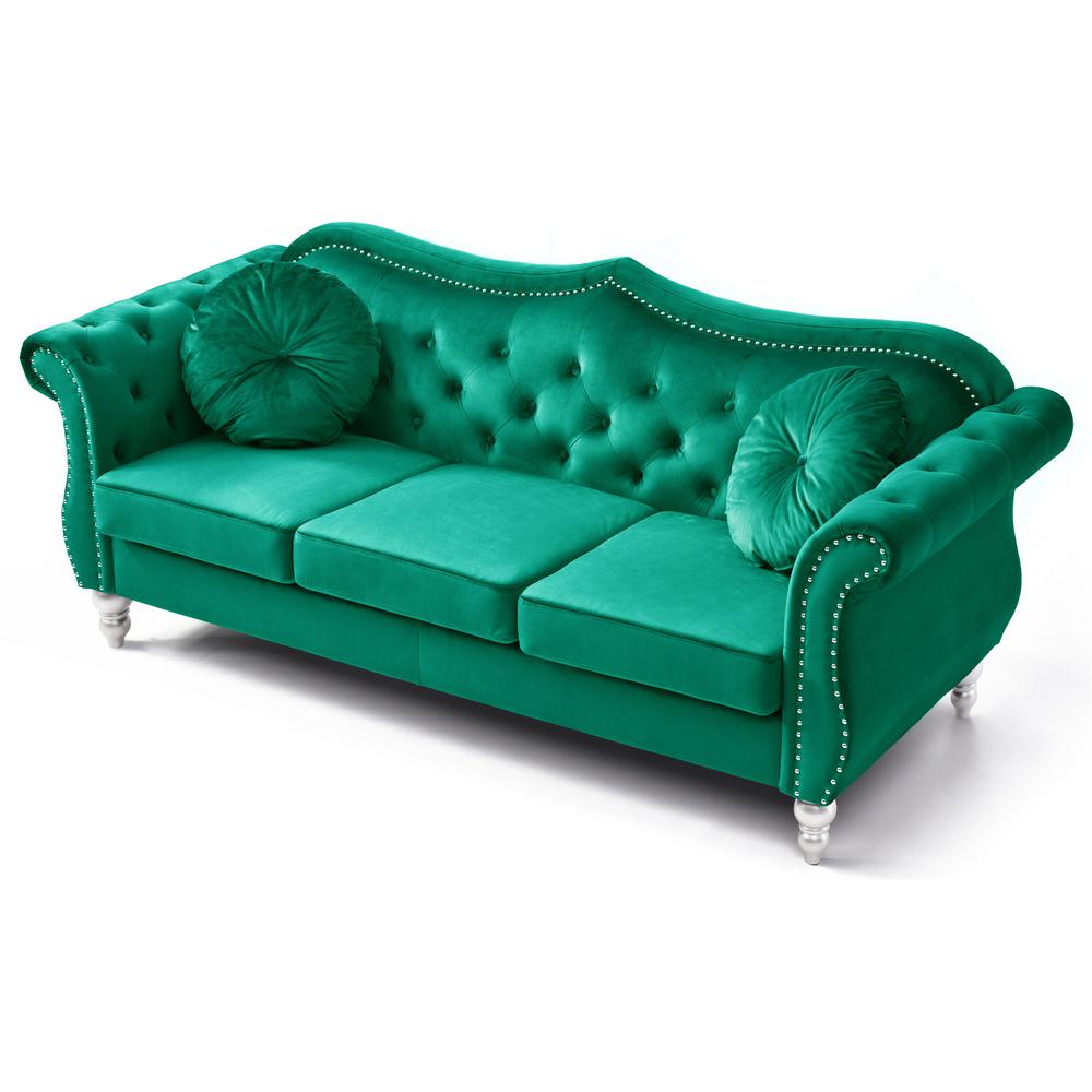 Hollywood 82 in. Green Velvet Chesterfield 3-Seater Sofa with 2-Throw Pillow. Picture 3