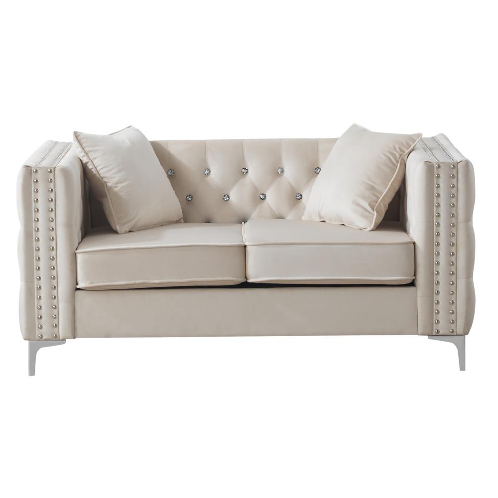 Paige 63 in. Ivory Tufted Velvet Loveseat With 2-Throw Pillows. Picture 1