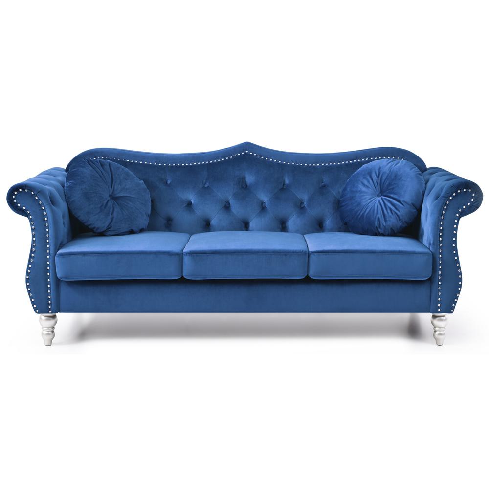 Hollywood 82 in. Navy Blue Velvet Chesterfield 3-Seater Sofa with 2-Throw Pillow. Picture 2