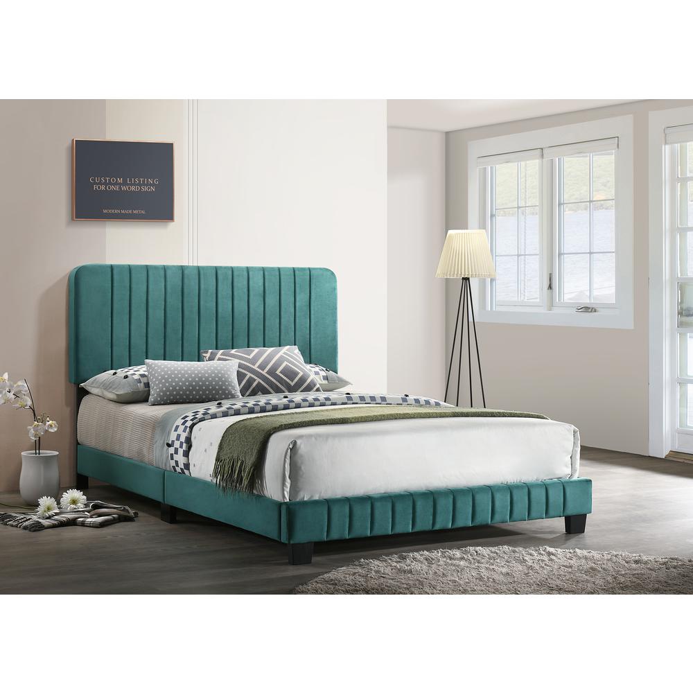 Lodi Green Velvet Upholstered Channel Tufted Queen Panel Bed. Picture 5
