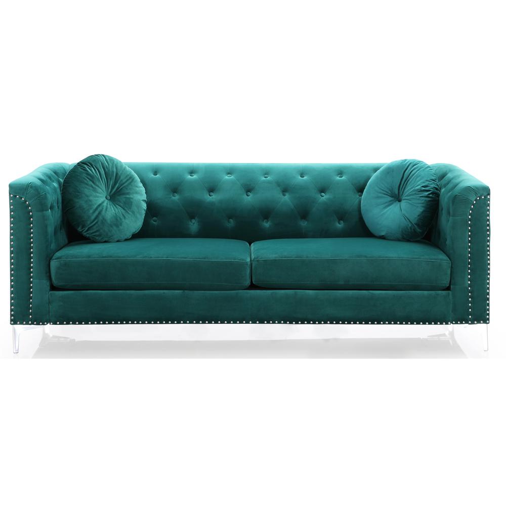 Pompano 83 in. Green Tufted Velvet Loveseat with 2-Throw Pillow. Picture 1