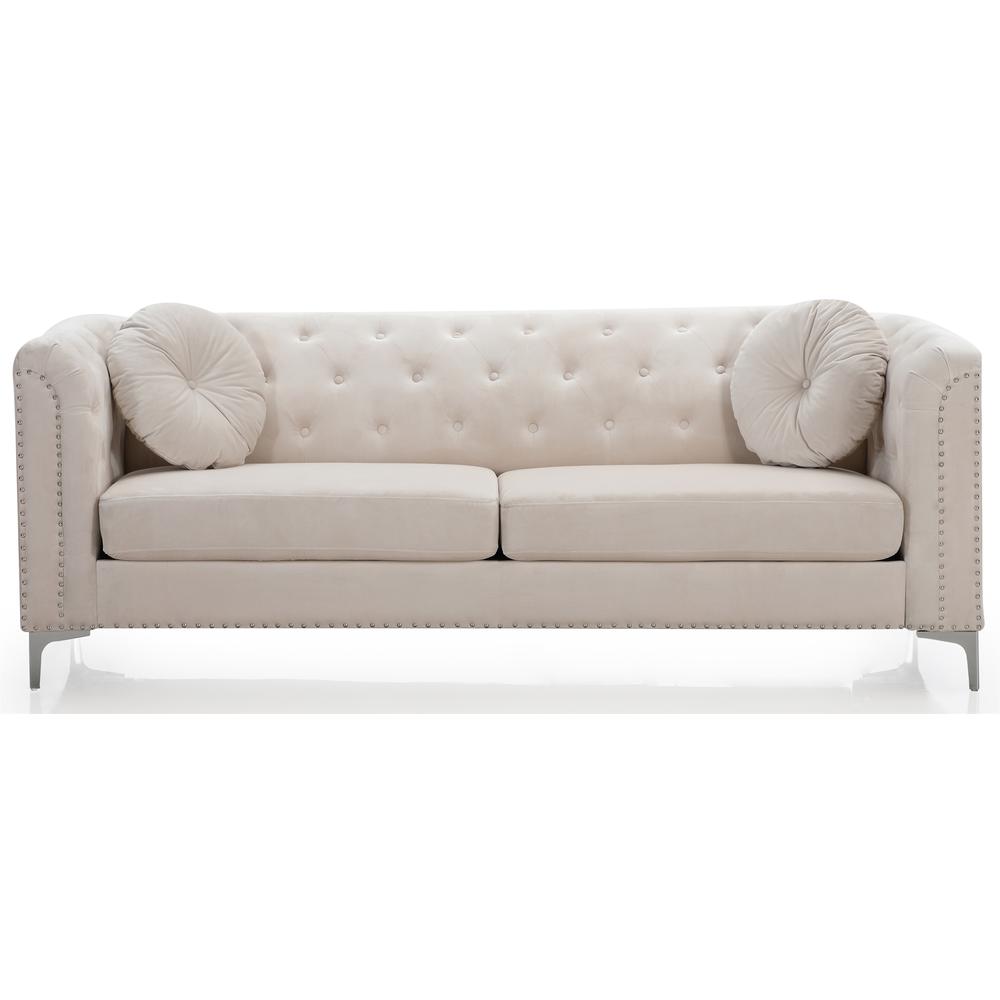 Pompano 83 in. Ivory Tufted Velvet Loveseat with 2-Throw Pillow. Picture 1