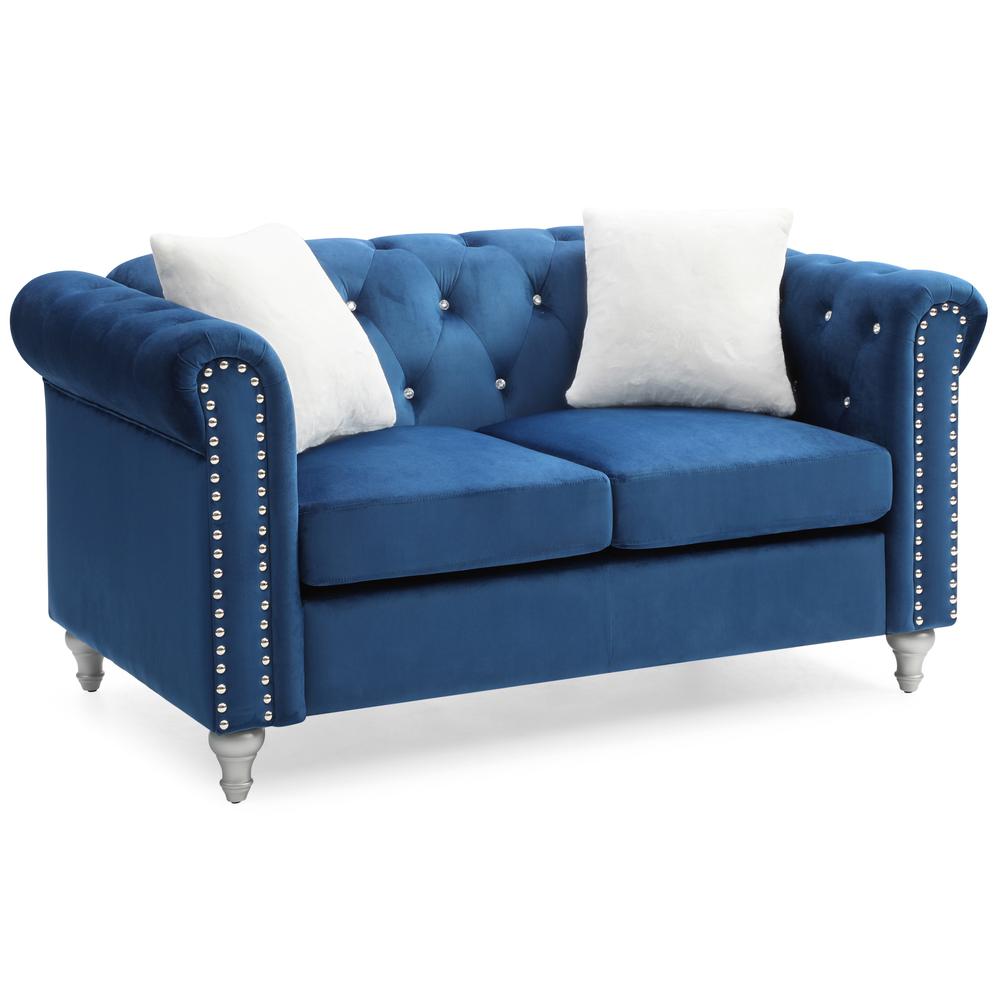 Raisa 60 in. Navy Blue Velvet 2-Seater Sofa with 2-Throw Pillow. Picture 1