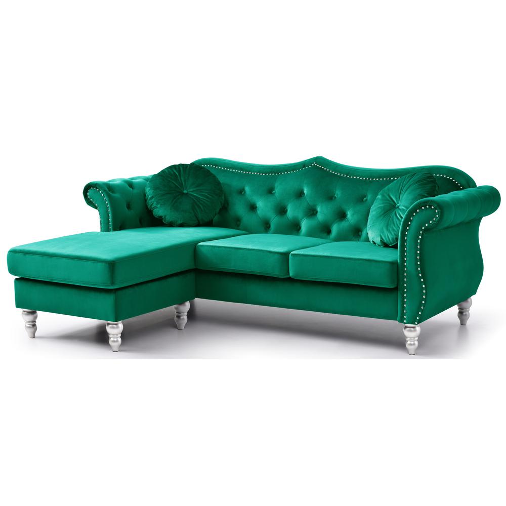 Hollywood 81 in. Green Velvet Chesterfield Sectional Sofa with 2-Throw Pillow. Picture 1
