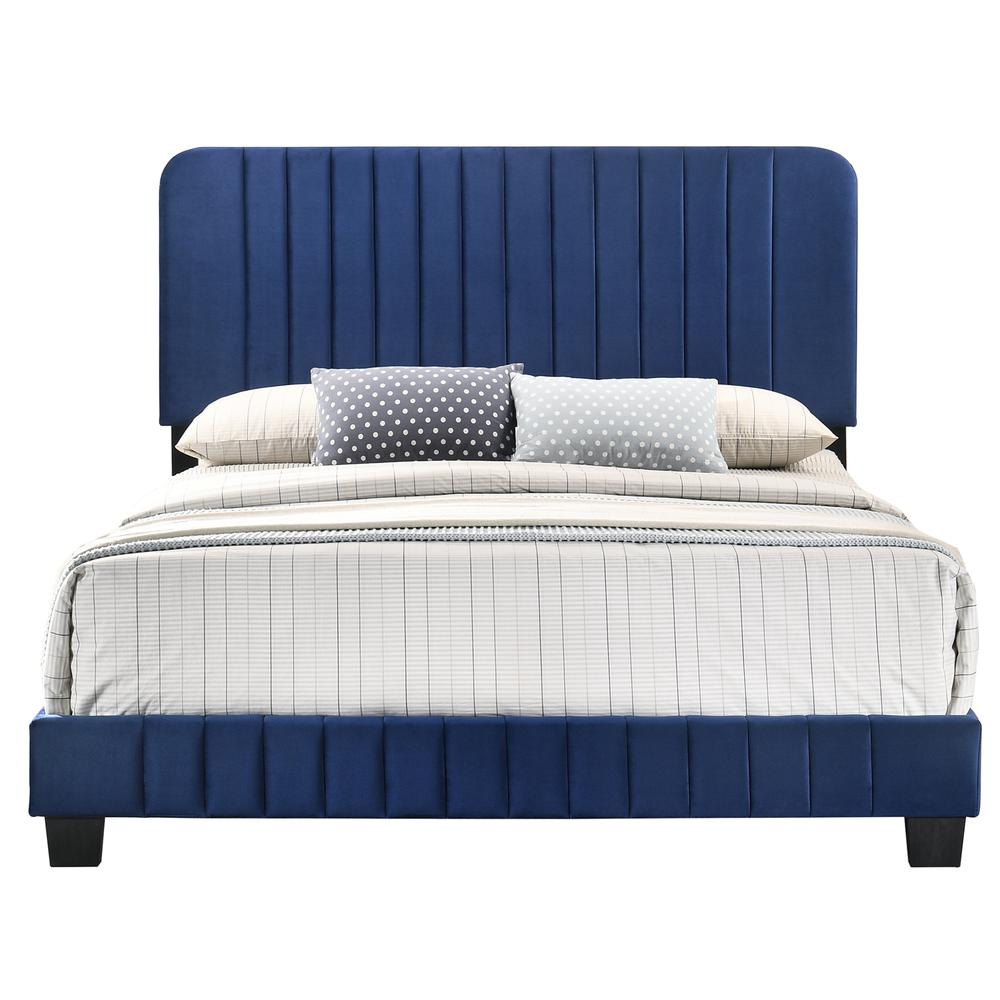 Lodi Navy Blue Velvet Upholstered Channel Tufted King Panel Bed. Picture 2