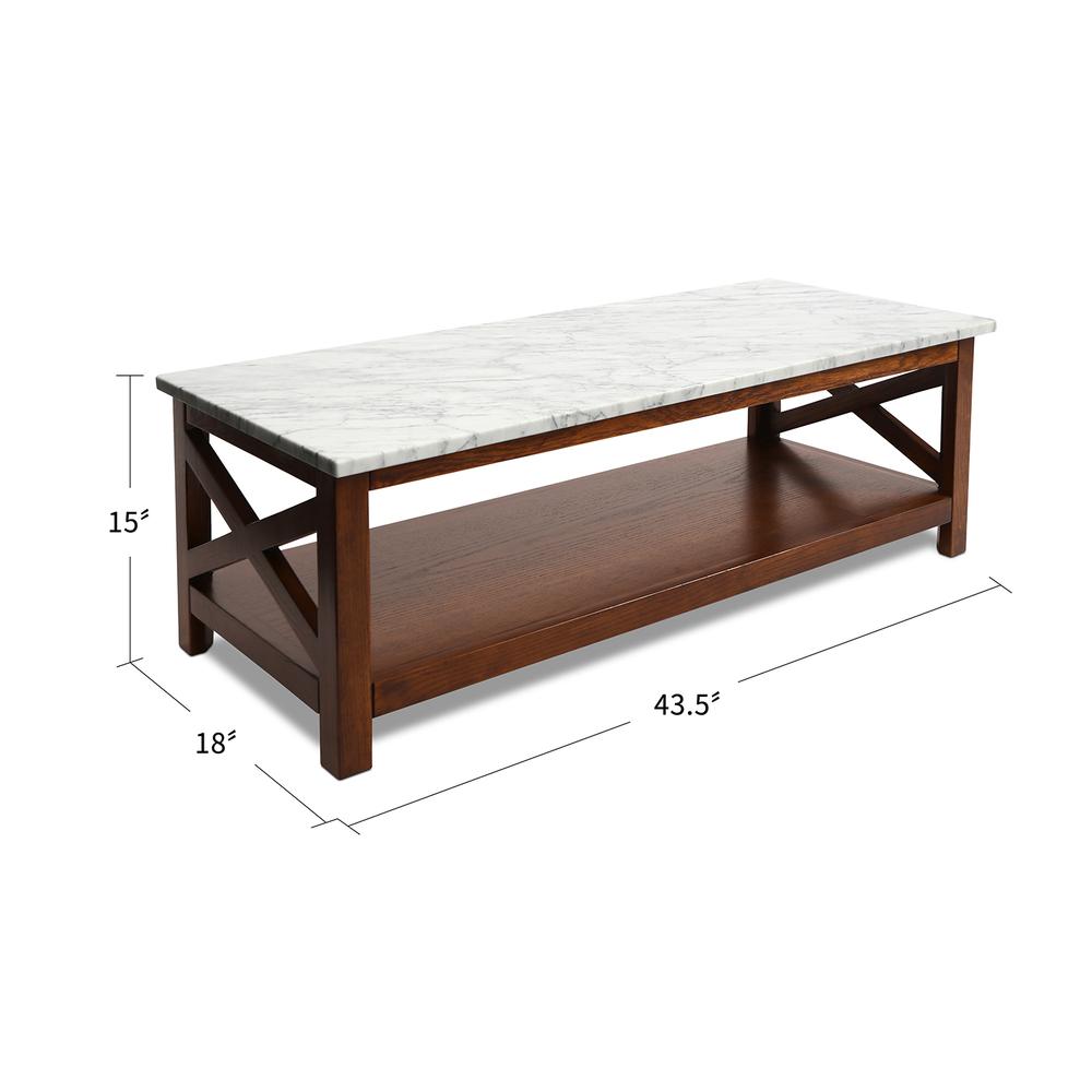 Agatha 44" Rectangular Italian Carrara White Marble Coffee Table with walnut color solid wood Legs. Picture 6