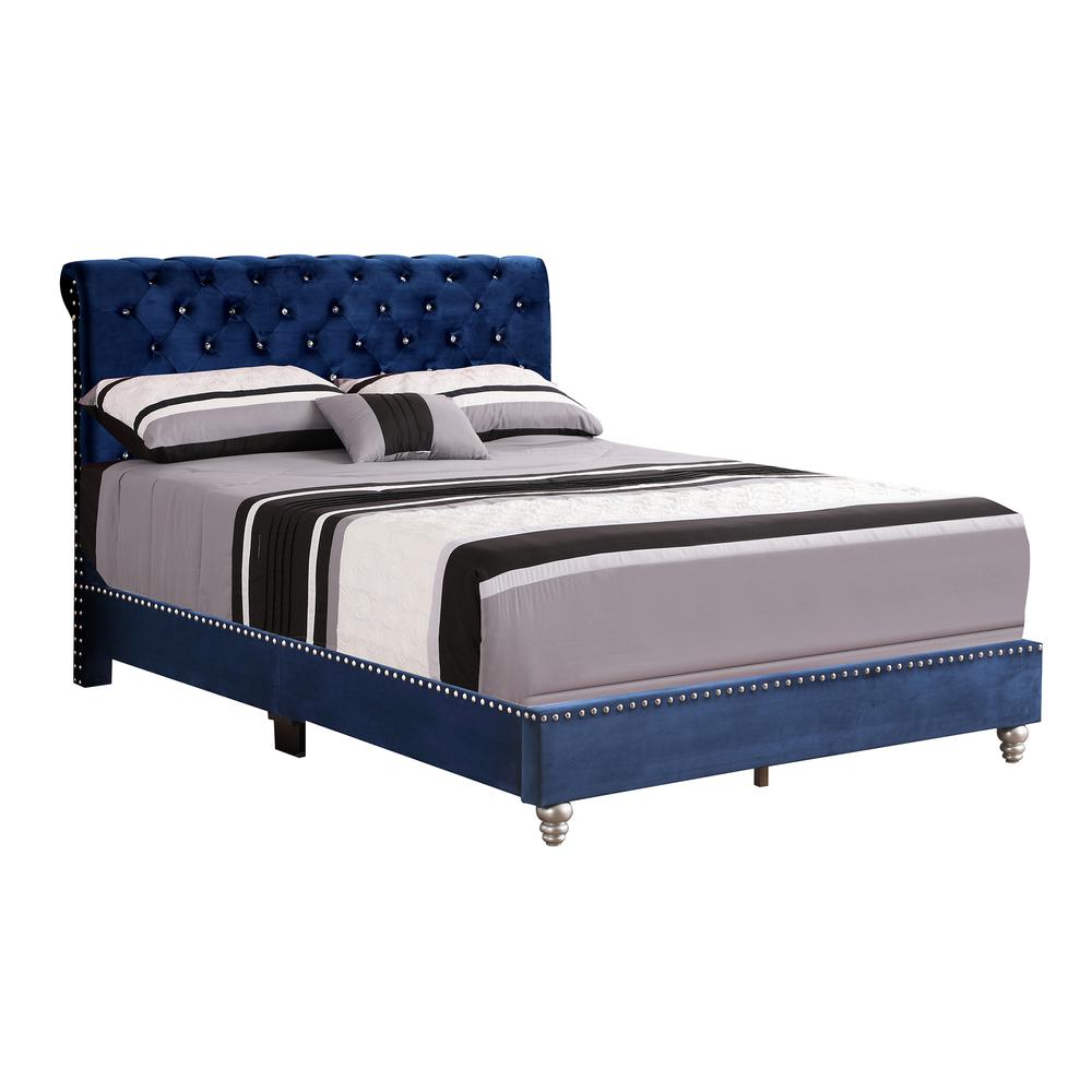 Maxx Navy Blue Tufted Upholstered Queen Panel Bed. Picture 1