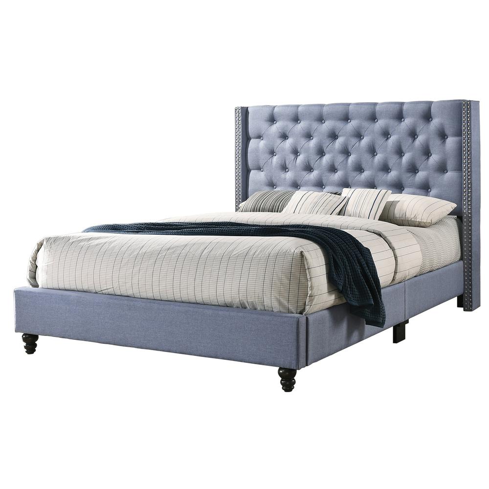 Julie Blue Tufted Upholstered Low Profile Queen Panel Bed. Picture 1