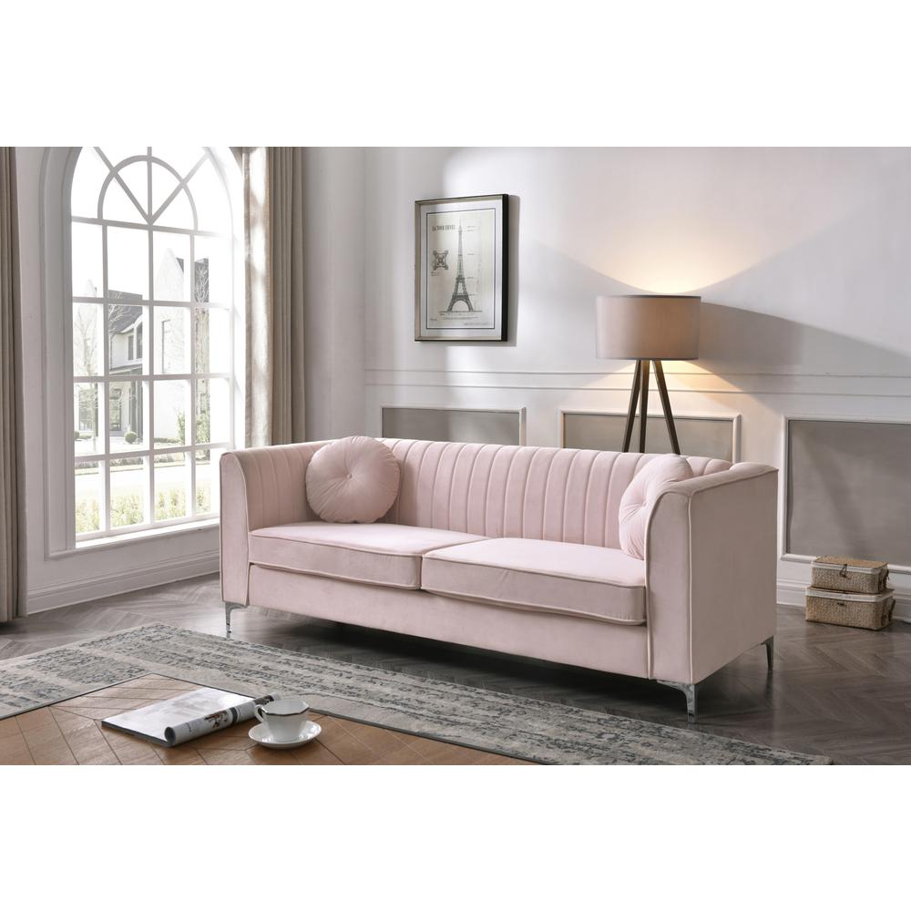 Delray 87 in. Pink Velvet 2-Seater Sofa with 2-Throw Pillow. Picture 5