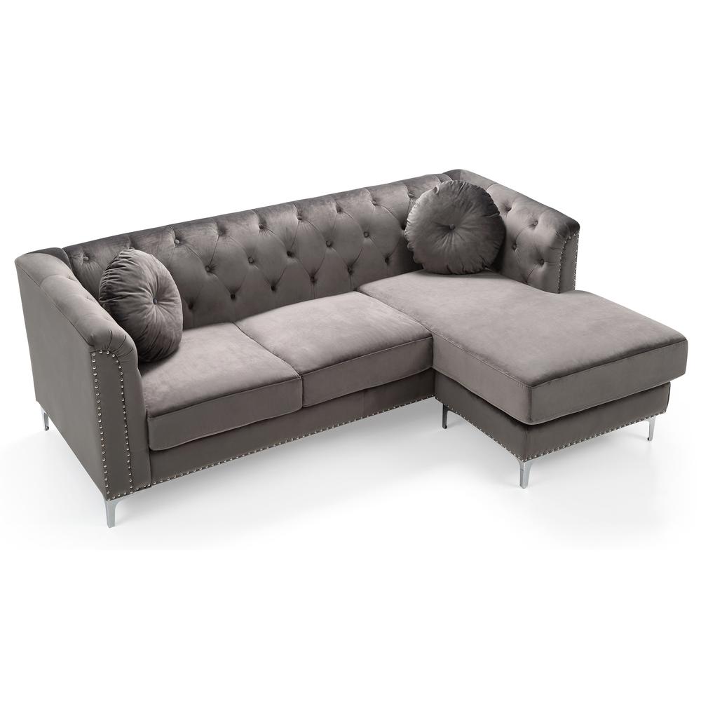Pompano 83 in. Dark Gray Tufted Velvet Sectional with 2-Throw Pillow. Picture 2