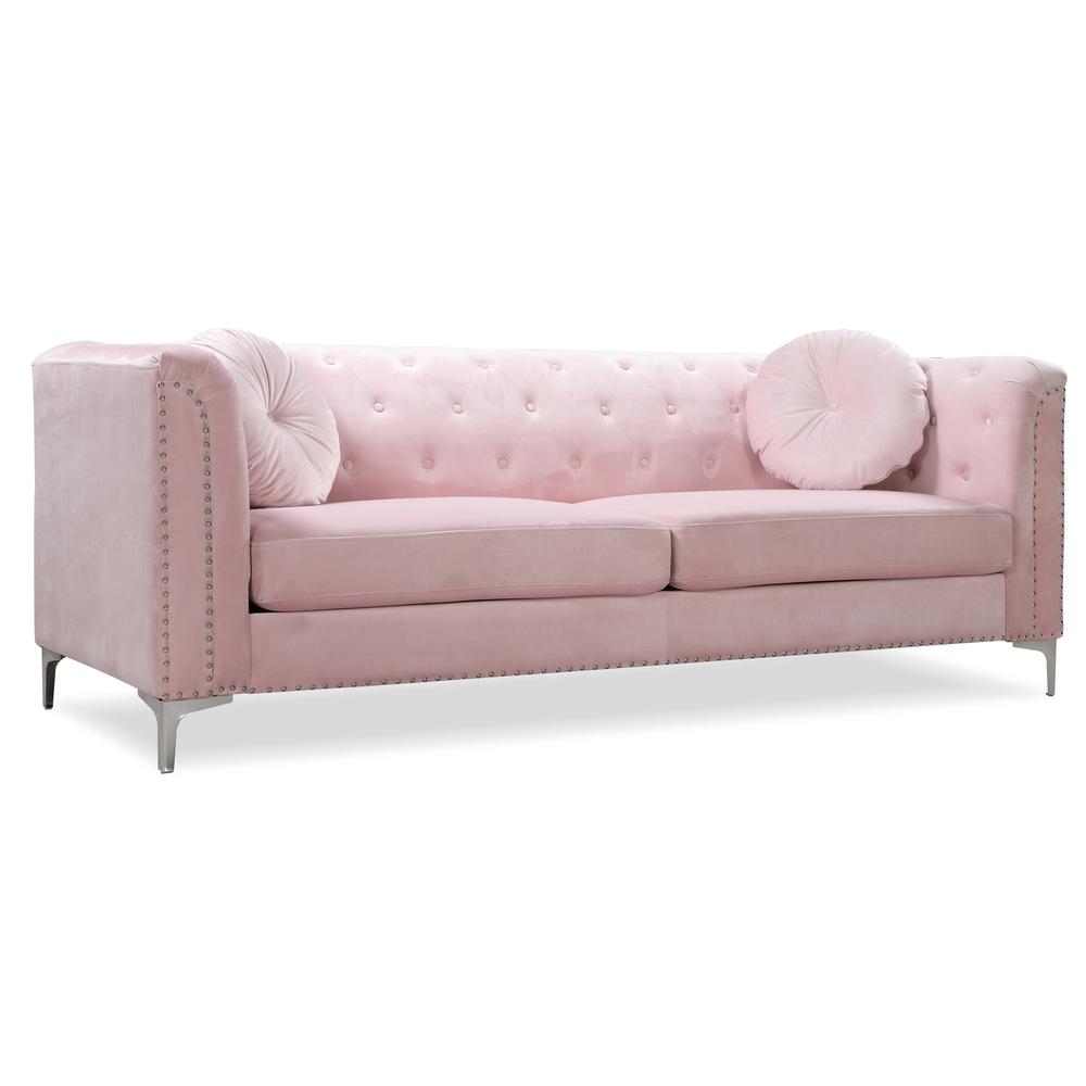 Pompano 83 in. Pink Tufted Velvet Loveseat with 2-Throw Pillow. Picture 2